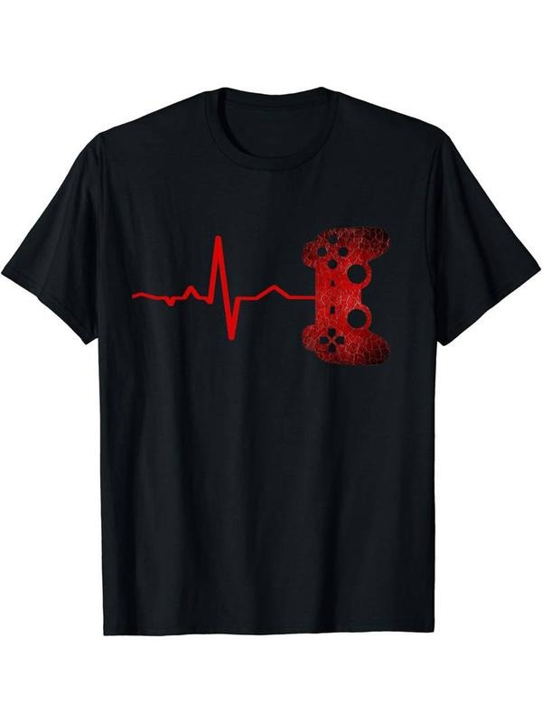 [100% Cotton] Gamer Heartbeat Video Graphic Men's Short Sleeve T-shirt, Comfy Stretchy Trendy Tees For Summer Hoodie,...