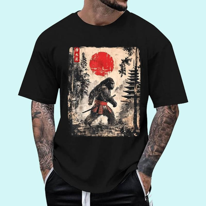 [100% Cotton Shirt] Samurai Bigfoot Japanese Vintage Graphic Ukiyo-e Art Funny Unisex T-Shirt Hoodie, Sweatshirt
