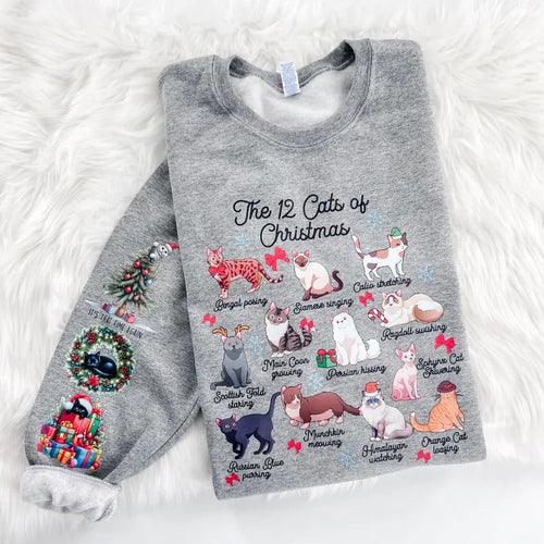 12 Cats of Christmas Holiday Sweatshirt or Hoodie with sleeve print Comfy Sublimation Tops Menswear Unisex Oversized...