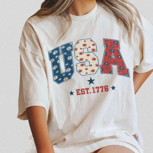 1776 America 4th of July Shirt, USA Floral Flowers Shirt, Comfort Shirt for Women, Retro America Shirt, 1776 Shirt,...