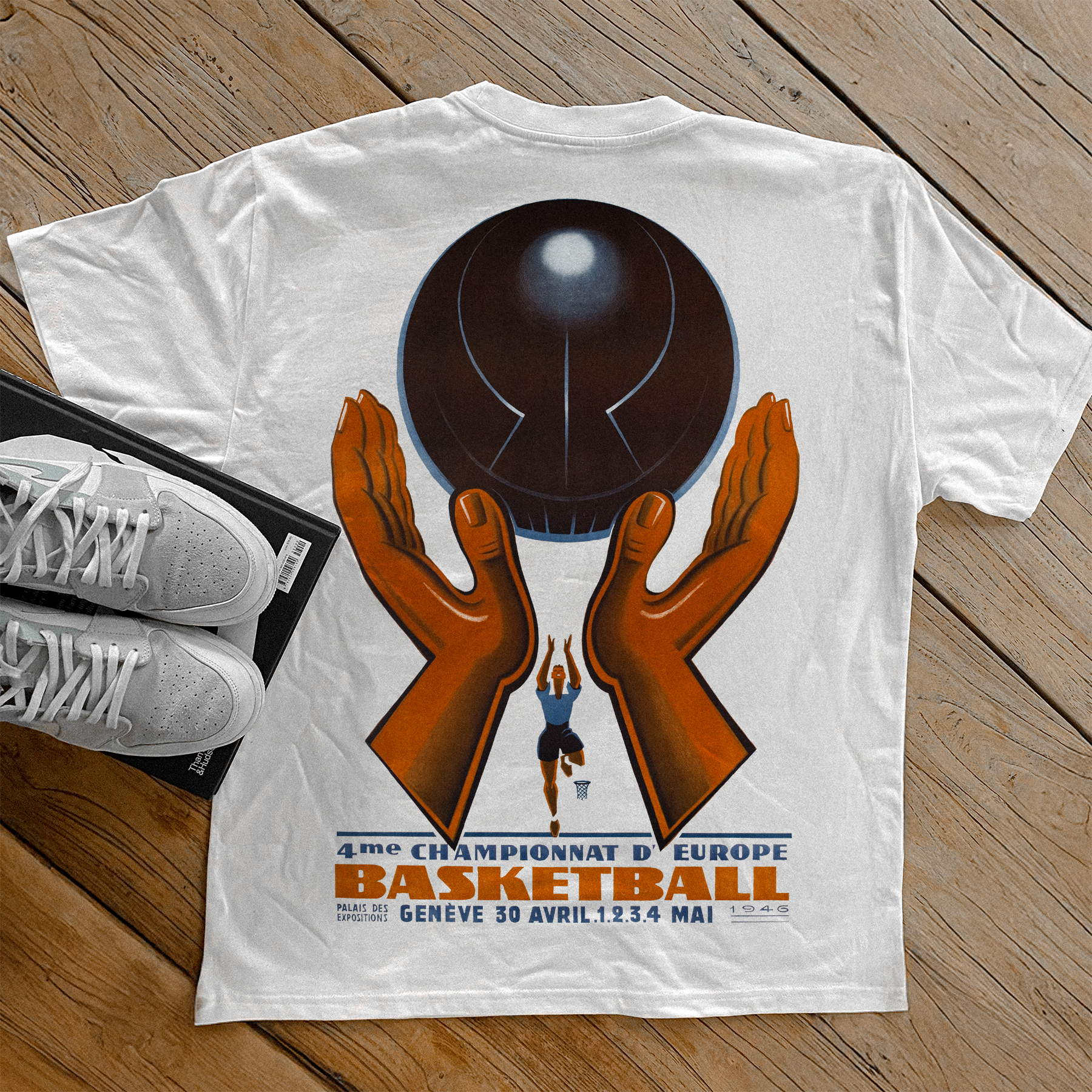 1946 'EUROBASKET CHAMPIONSHIPS' POSTER HEAVYWEIGHT WHITE T-SHIRT Hoodie, Sweatshirt | ZylaModa.com (Image 1)