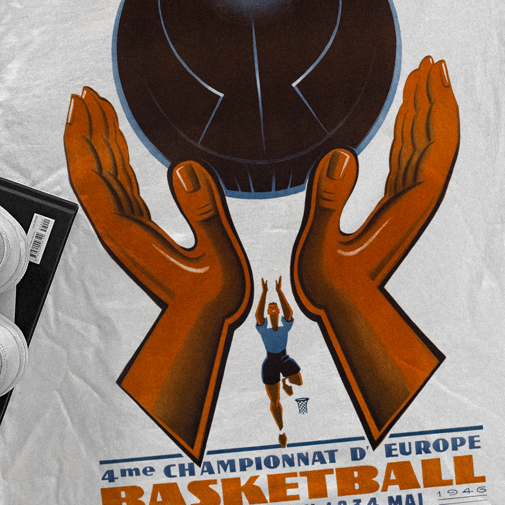 1946 'EUROBASKET CHAMPIONSHIPS' POSTER HEAVYWEIGHT WHITE T-SHIRT Hoodie, Sweatshirt | ZylaModa.com (Image 3)
