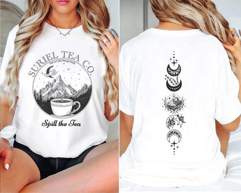 2 Slide, Vintage Suriel Tea Co 2-Sided T-SHIRT, Acotar Tea Shirt, Hot Or Cold Always Fresh Shirt, Book Lover Gift, Spill...