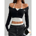 2 in 1 Halter Top Button Down Long Sleeve Crop T Shirts Fake Two Piece Tops Hoodie, Sweatshirt | ZylaModa.com