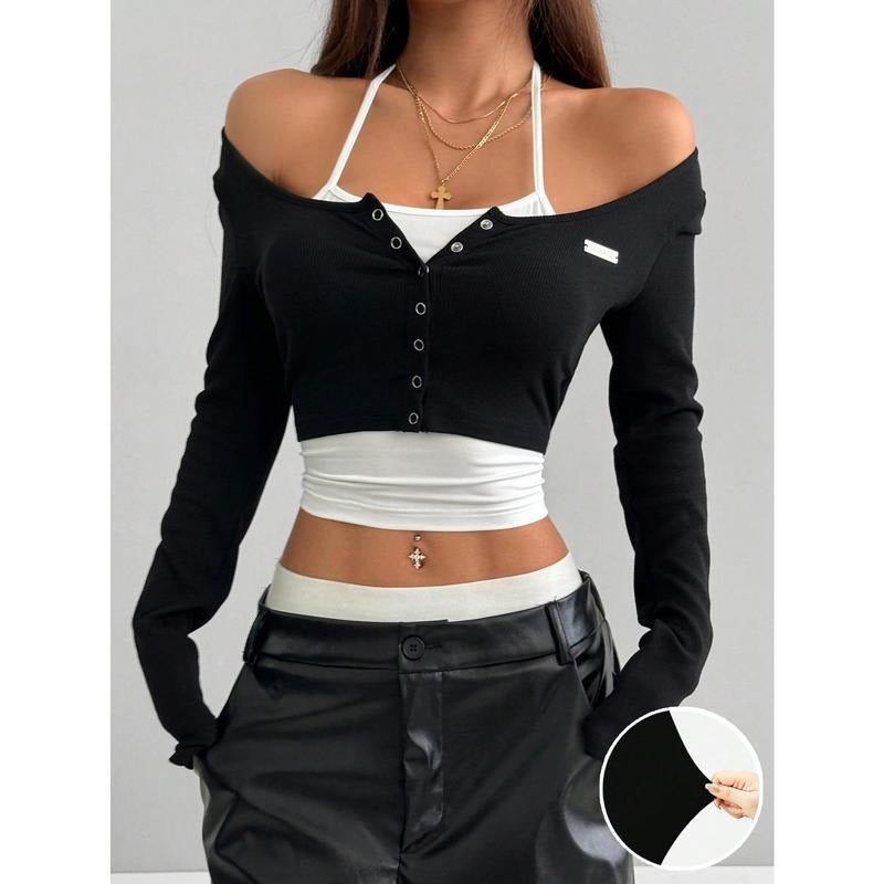 2 in 1 Halter Top Button Down Long Sleeve Crop T Shirts Fake Two Piece Tops Hoodie, Sweatshirt | ZylaModa.com