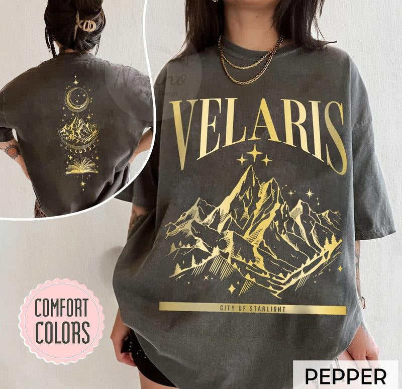 2 slides, SJM Velaris T-shirt, Gold print, Original Design, Velaris shirt,City of Starlight, The Night Court,sjm merch,...