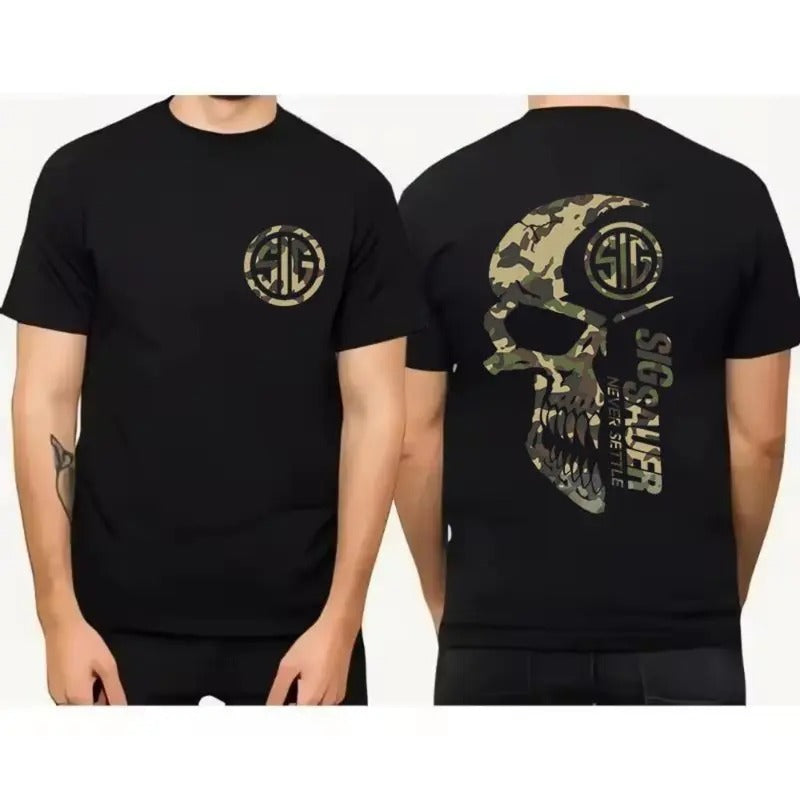 2025 Summer Men's Camo with Sig Sauer Never Settle T-shirt, Unisex Short Sleeve Casual 100% Cotton, Camo Shirt, Sig Sauer...