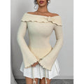 3D Floral Rib Knitted Sweater Bell Sleeve Lettuce Trim Off Shoulder Knit Top T-Shirts, Hoodie, Sweatshirt | ZylaModa.com