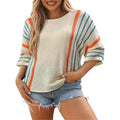 Women's Loose Sweaters 3/4 Sleeve Round Neck Contrast Color Stripes Print Pullover Fall Winter Tops Spring Womenswear...