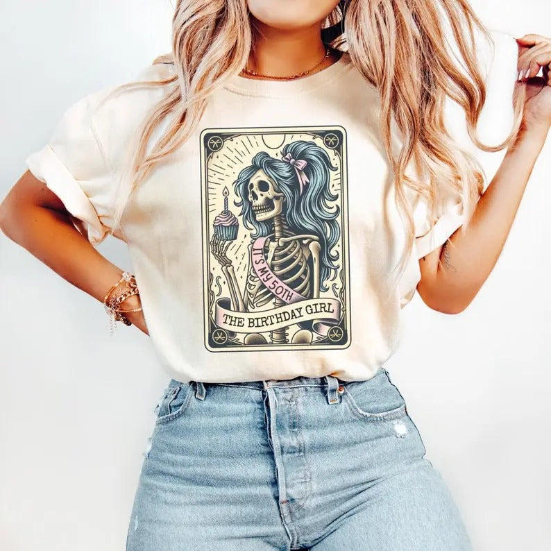 50th Birthday Gift for Her, 50th Birthday Tarot Card T-Shirt, Funny Skeleton Birthday Celebration Tee, 50th B-day Gift...