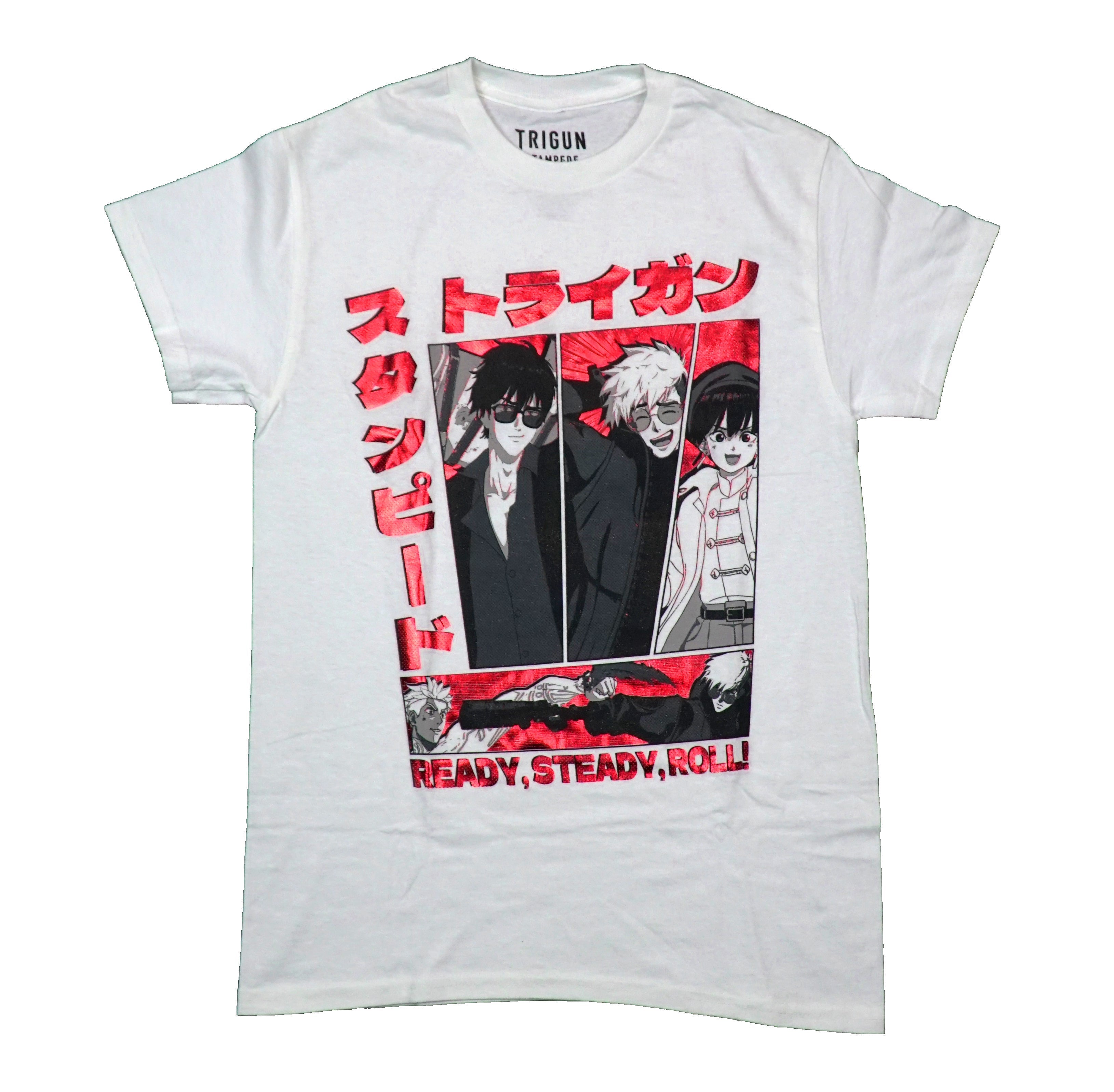 Trigun Mens T-Shirt - Red Foil Kanji Name Trio Over Ready, Steady, Roll! Hoodie, Sweatshirt | ZylaModa.com
