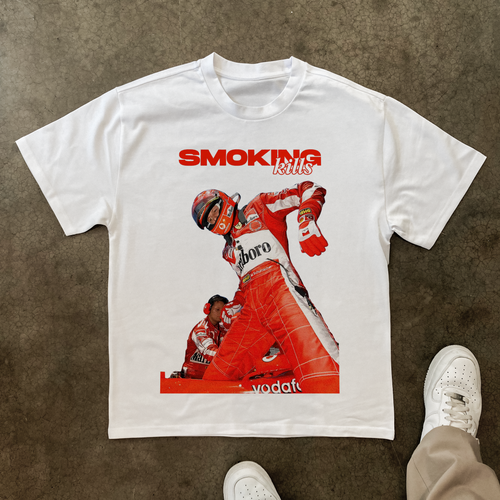 'SMOKING KILLS' SCHUMACHER HEAVY WHITE TEE Hoodie, Sweatshirt | ZylaModa.com (Image 1)