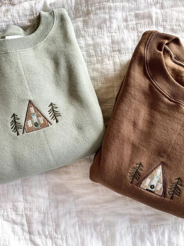 A-Frame Cabin Embroidered Crewneck Sweatshirt T-Shirts, Hoodie | ZylaModa.com