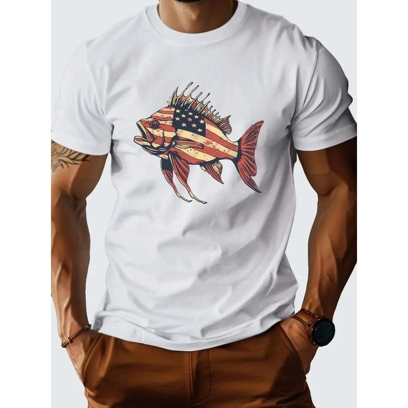 A Patriotic Fish Designed Pure Cotton Men'S T-Shirt with Comfortable Fit And Exquisite Pattern Printing, Round Neck High...