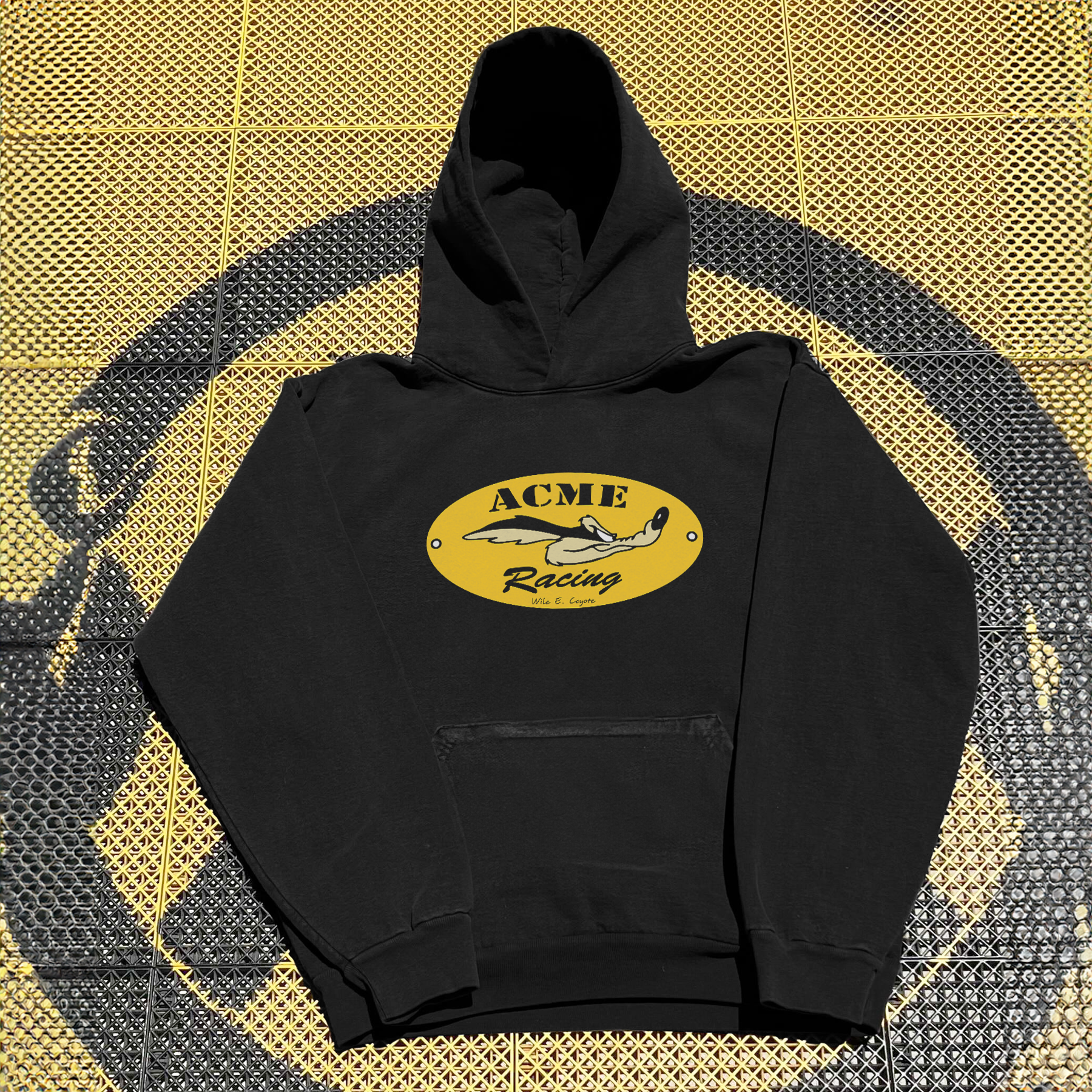 90s 'ACME RACING' BLACK FLEECE HOODIE T-Shirts, Sweatshirt | ZylaModa.com (Image 1)