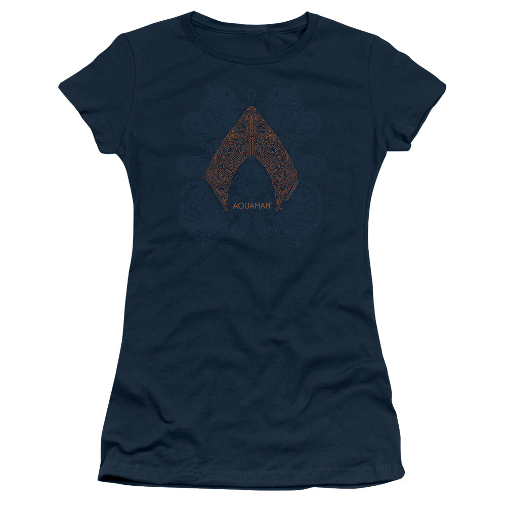 Aquaman Movie Aqua Paisley Junior Sheer Cap Sleeve Womens T Shirt Navy Blue Hoodie, Sweatshirt | ZylaModa.com