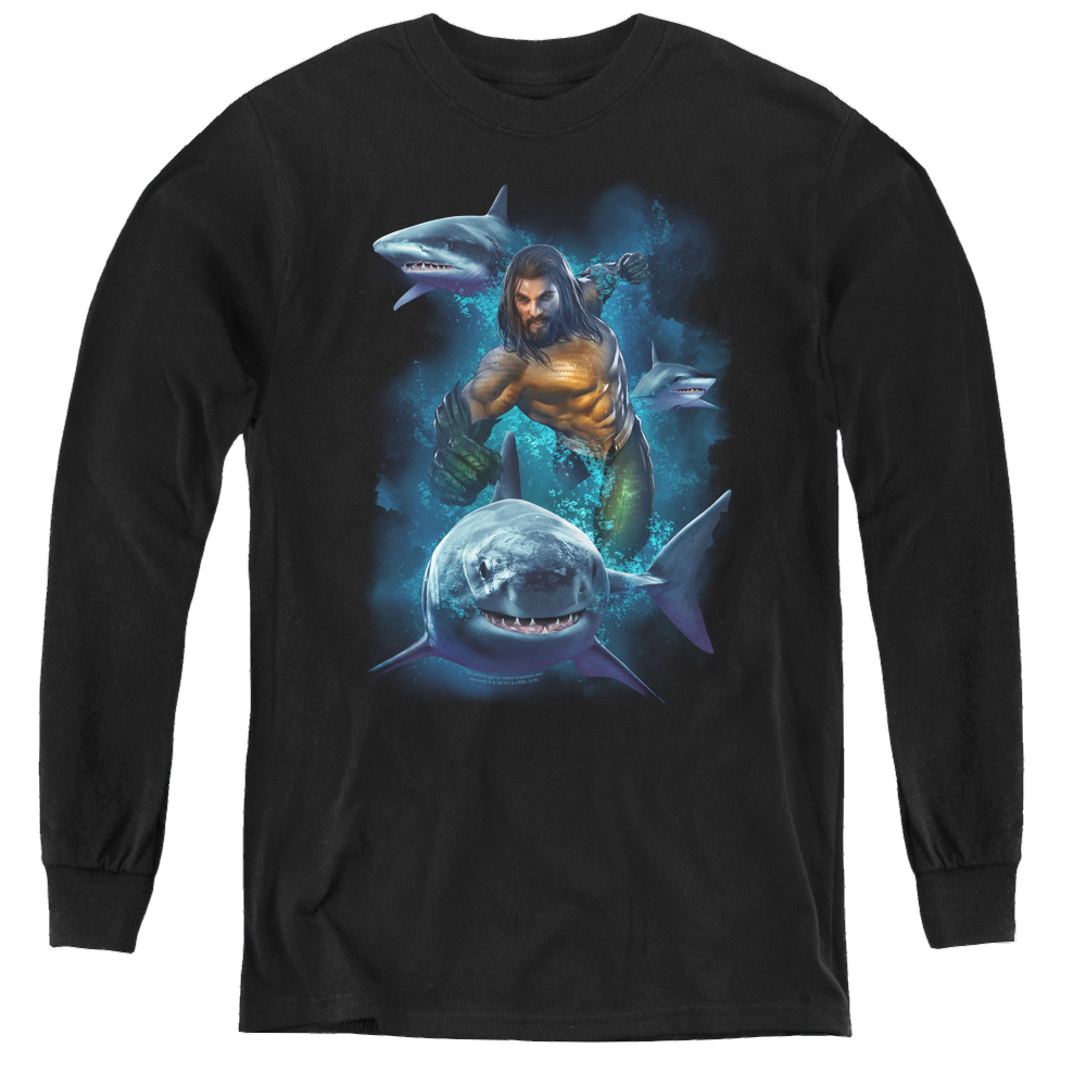 Aquaman Movie Swimming With Sharks - Youth Long Sleeve T-Shirt Hoodie, Sweatshirt | ZylaModa.com