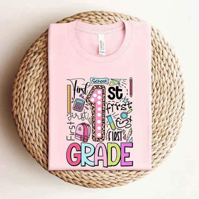 Adorable First Grade Shirt for Girl - Back to School Shirt - Cute 1st Grade Outfit with School Supplies Tee