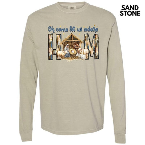 Adore Him Nativity Scene Long Sleeve Comfort Colors T-Shirt 'NLB' Hoodie, Sweatshirt | ZylaModa.com