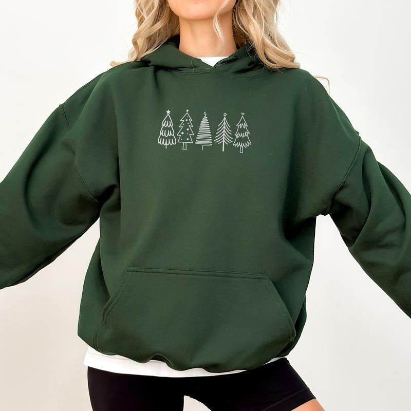 Aesthetic Christmas Trees Hoodie, Simple Christmas Pullover, Xmas Trees Hoodies for Girls, Holiday Womenswear, Basic...