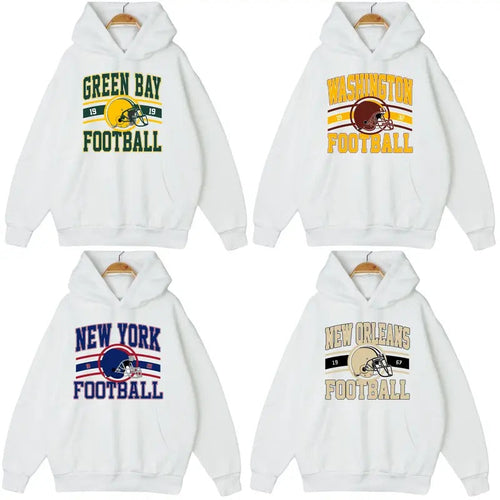 All Teams Football White Hoodie, Big Name City Graphic Tee, Football Hoodie, Cotton Long Sleeve Outfits For Men & Women...