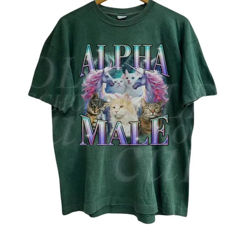 Alpha Male Unicorn Cat Ironic Vintage 90s T-Shirt, Retro Funny Rainbow Unisex Tshirt,, Funny Weird Meme Shirt, Funny Cat...