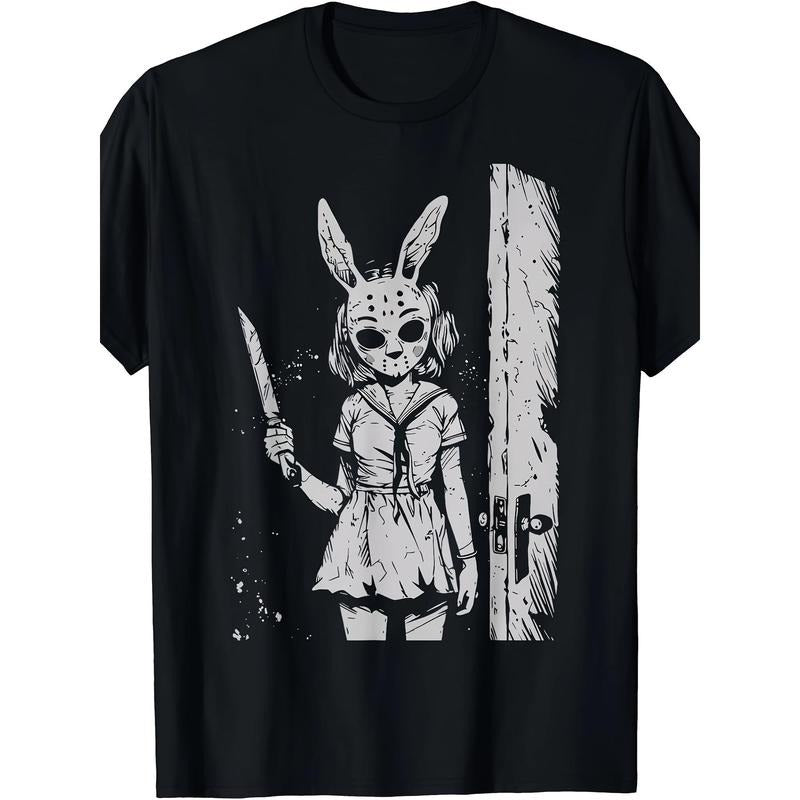 Alternative Gothic killer horror anime, 1 piece, 100% cotton T-shirt, Rabbit mask girl, niche design print, high quality...