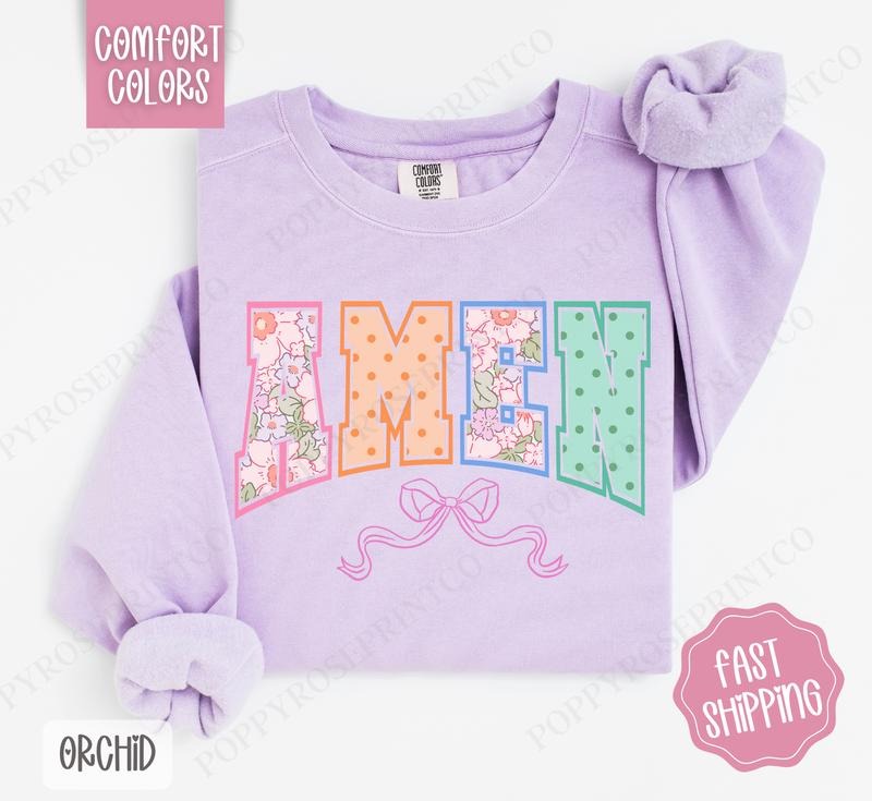 Amen Bow Comfort Colors Sweatshirt, Easter Women's Crewneck, Cute Women's Sweater T-Shirts, Hoodie | ZylaModa.com