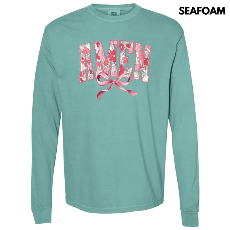 Amen Floral Coquette Long Sleeve Comfort Colors T-Shirt Hoodie, Sweatshirt | ZylaModa.com