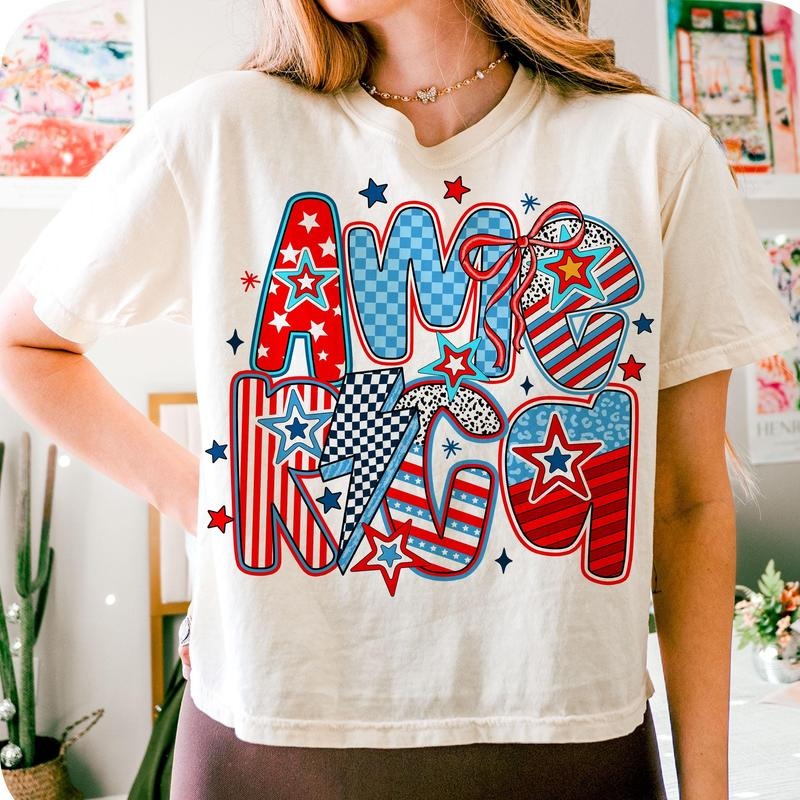 America Retro Checkered Shirt 4th of July Patriotic Coquette USA Star Bow Graphic Unisex Crewneck Hoodie, Sweatshirt