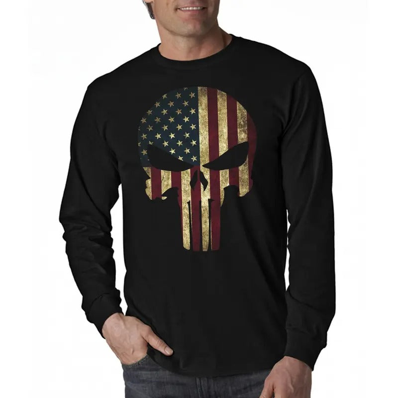 American Flag Patriotic Skull Tactical Long Sleeve Men's T-Shirt Hoodie, Sweatshirt | ZylaModa.com