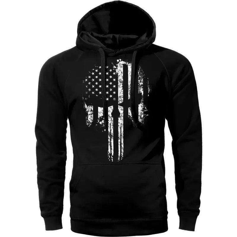American Flag Skull Hoodie Sweatshirt - Black Cotton with Hood, Front Pocket, and Skull Print Design T-Shirts | ZylaModa.com