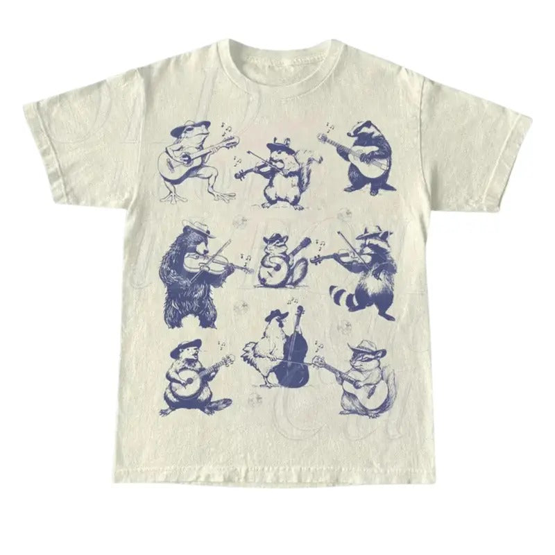 Animal Musicians 90s Tattoo Vintage Style Tshirt, Retro Animal Music Lovers Cute Nature Shirt, Bear Playing Guitar,...