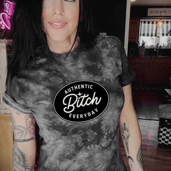 Authentic Bitch Everyday Black & Grey Tie Dye T Shirt | Punk, Alt, Grunge, Goth, Skeleton Style, Streetwear Hoodie,...
