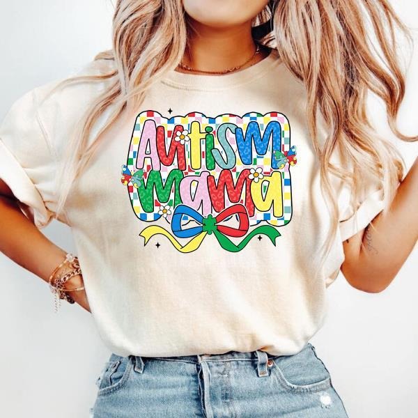 Autism Mama T-shirt , Autism Awareness Coquette , In April We Wear Blue , Checkered Autism Bow , Special Education ,...