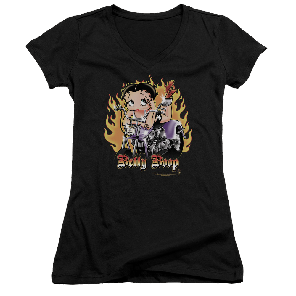 Betty Boop Biker Flames Boop - Juniors V-Neck T-Shirt Hoodie, Sweatshirt | ZylaModa.com