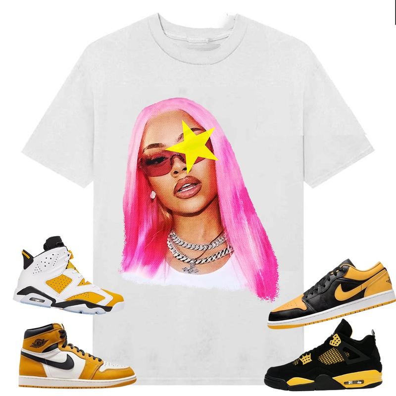 BIG FACE Latto Star, Shirt to match A J 6s Yellow Ochre, A J 1 Yellow Ochre, A J 4 Thunder, Shirt to matching Sneaker...