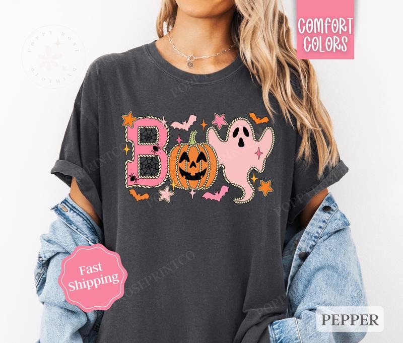BOO Shirt Comfort Colors, Cute Ghost Halloween Shirt,  October Vibes Shirt for Women Oversized Crewneck Tee Hoodie,...