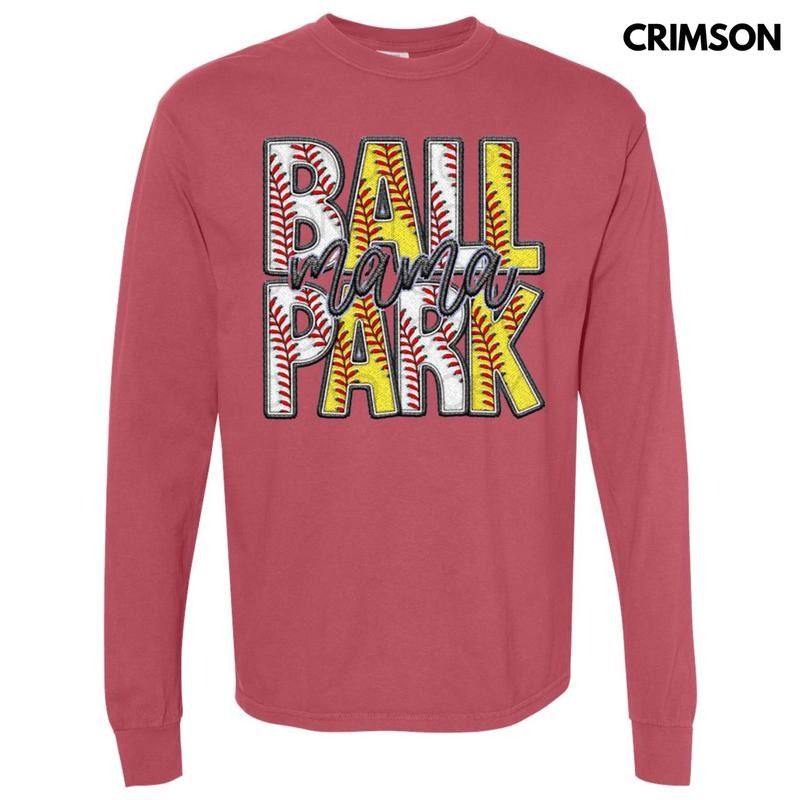 Ball Park Mama Faux Embroidery Long Sleeve Comfort Colors T-Shirt Hoodie, Sweatshirt | ZylaModa.com
