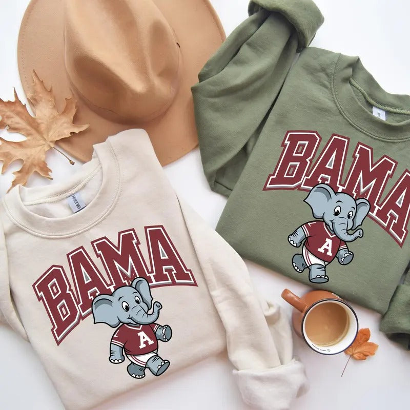 Bama Elephant Sweatshirt, Elephant Mascot Shirt, Alabama Fan Crewneck Shirt, Cimson White Elephant Football Sweater, Gift...