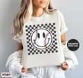Baseball Comfort Colors Shirt Happy Face Checkered Shirt Retro Baseball Game Day Shirt Baseball Mom Shirt Hoodie, Sweatshirt