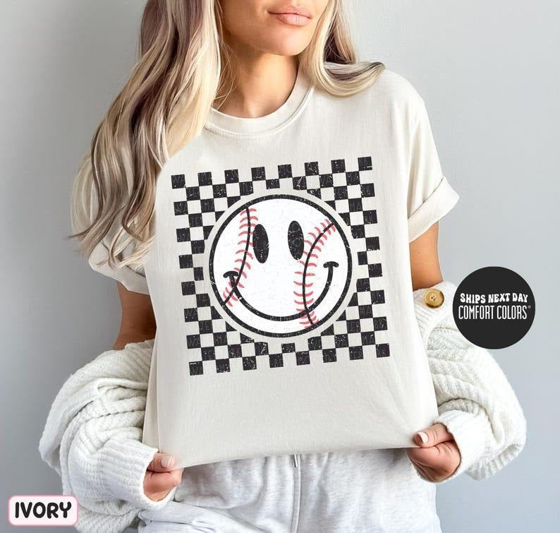 Baseball Comfort Colors Shirt Happy Face Checkered Shirt Retro Baseball Game Day Shirt Baseball Mom Shirt Hoodie, Sweatshirt