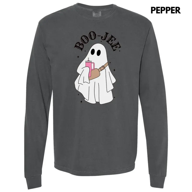 Basic BOO-JEE Ghost Long Sleeve Comfort Colors T-Shirt Hoodie, Sweatshirt | ZylaModa.com