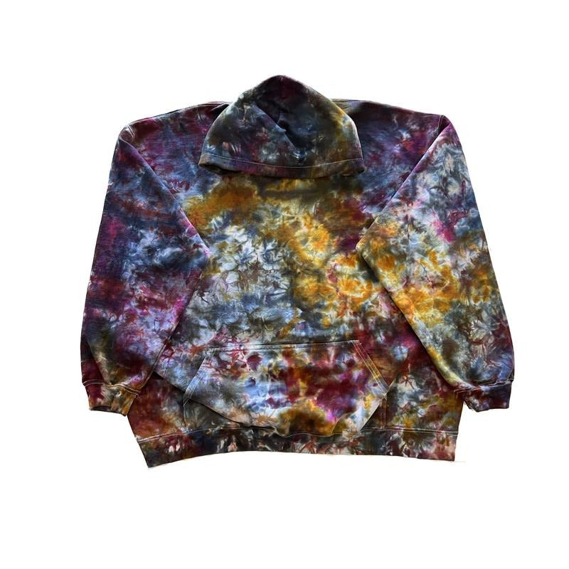 Berry Bonfire Core Hoodie -Maroon Marigold And Dark Gray Black Multicolored Hand Dyed Ice Dyed Tie Dye Design Hooded...
