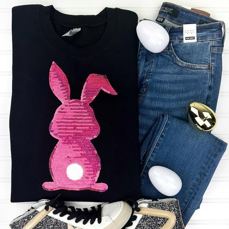 Berry Bunny Sequin Patch Sweatshirt -- BLACK T-Shirts, Hoodie | ZylaModa.com