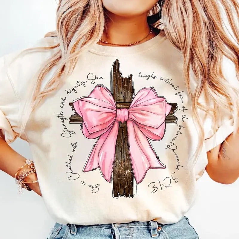 Bible Verse Pink Bow Shirt, Coquette Christian Shirt, Christia Women's Inspirational Christmas T-shirt Hoodie, Sweatshirt