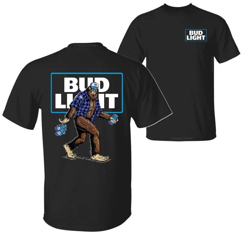 Bigfoot Bud Light T-Shirt, Sasquatch Holding Bud Beer Cans 2 Sided Graphic Printed Unisex Classic Comfort Cotton T-Shirt...