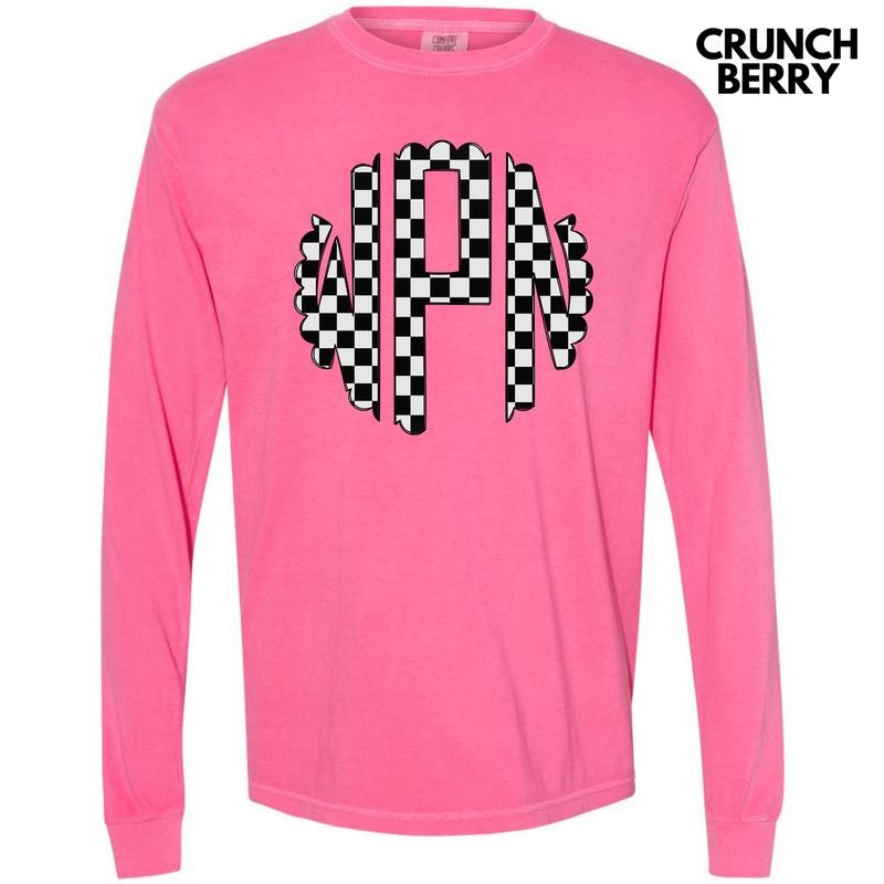 Black Checkered Monogram Long Sleeve Comfort Colors T-Shirt 'NLB' Hoodie, Sweatshirt | ZylaModa.com