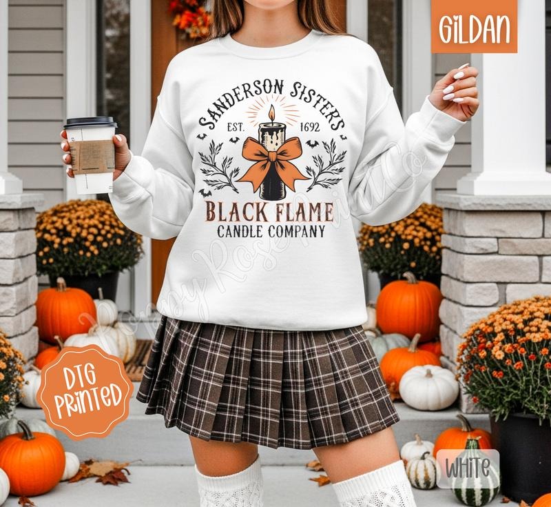 Black Flame Candle Sweatshirt, Trendy Women's Halloween Crewneck T-Shirts, Hoodie | ZylaModa.com
