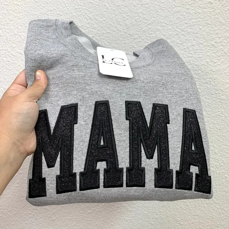 Black Glitter Gray Sweater | Embroidered Mama Sweater | Cozy and Stylish Mom Sweatshirt | Sparkly Mom Life Apparel |...